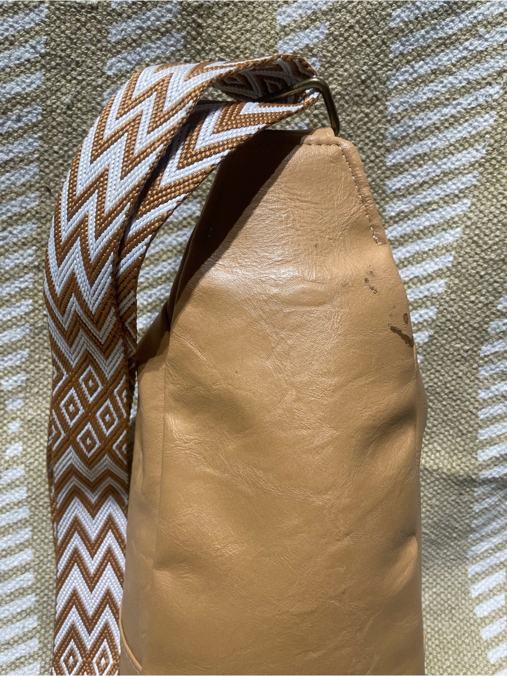 Tan Crossbody Sling Bag with Patterned Strap - Picture 9 of 16
